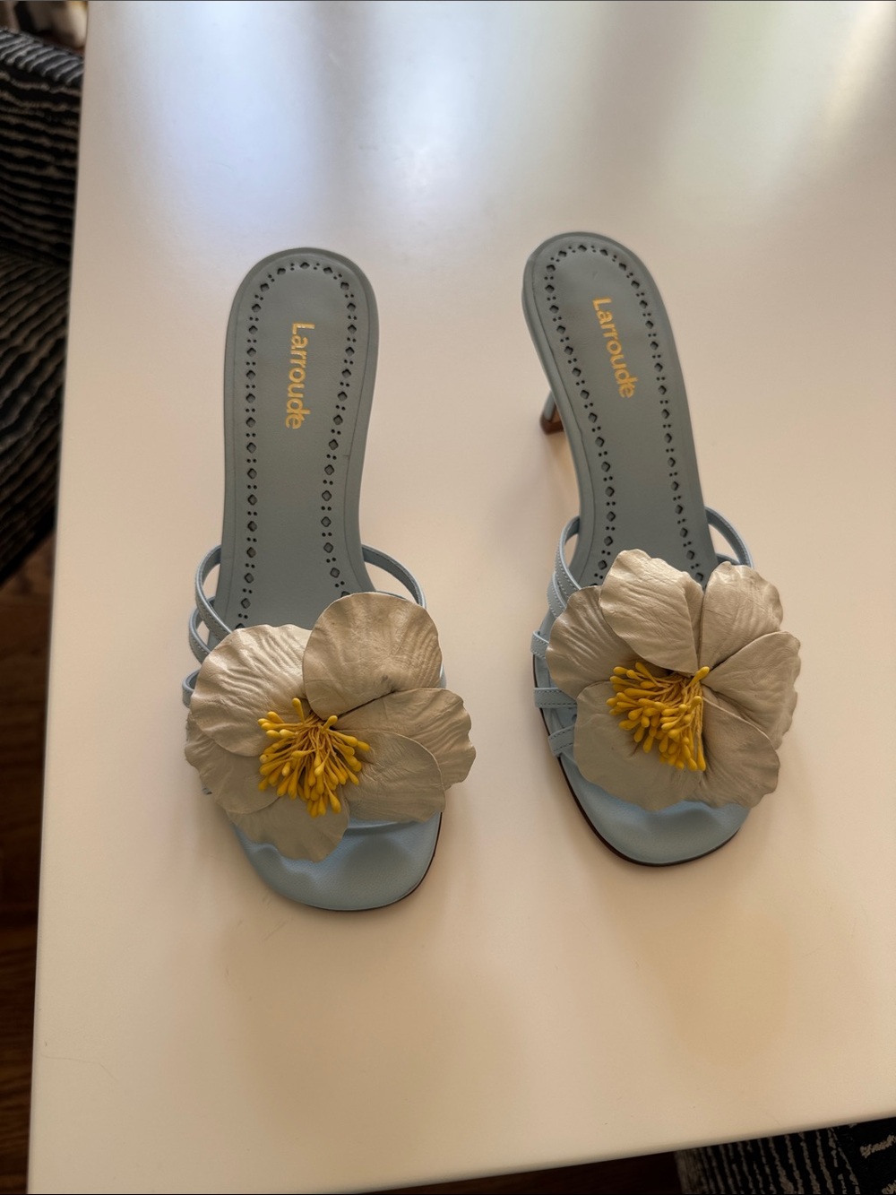 Larroude Light Blue Magnolia Slide Mules with Ivory Floral Detail